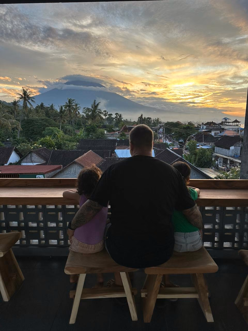 Sunset over Mount Agung from the rooftop bar